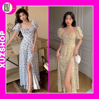 Đầm xẻ đùi hoa nhí tay bồng nhẹ có dây buộc ở ngực thướt tha nữ tính