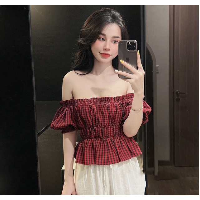 Bộ đũi kẻ trễ vai tay bồng nhún ngực quần ống rộng đi biển TL268