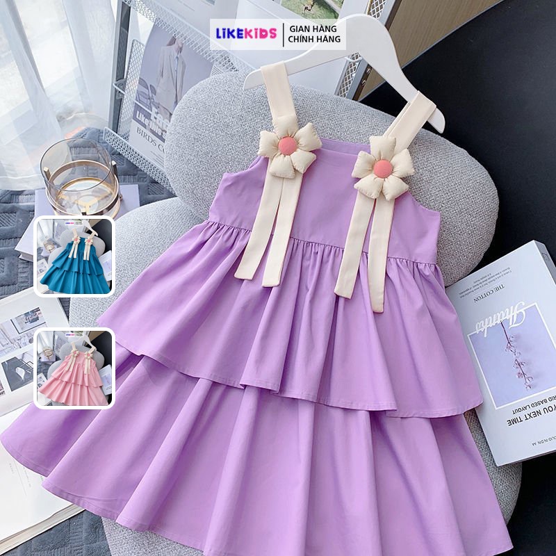 Đầm công chúa cho bé gái LIKEKIDS váy bé gái họa tiết xinh xắn đính nơ hoa cho trẻ em từ 1 tuổi đến 10 tuổi - E29
