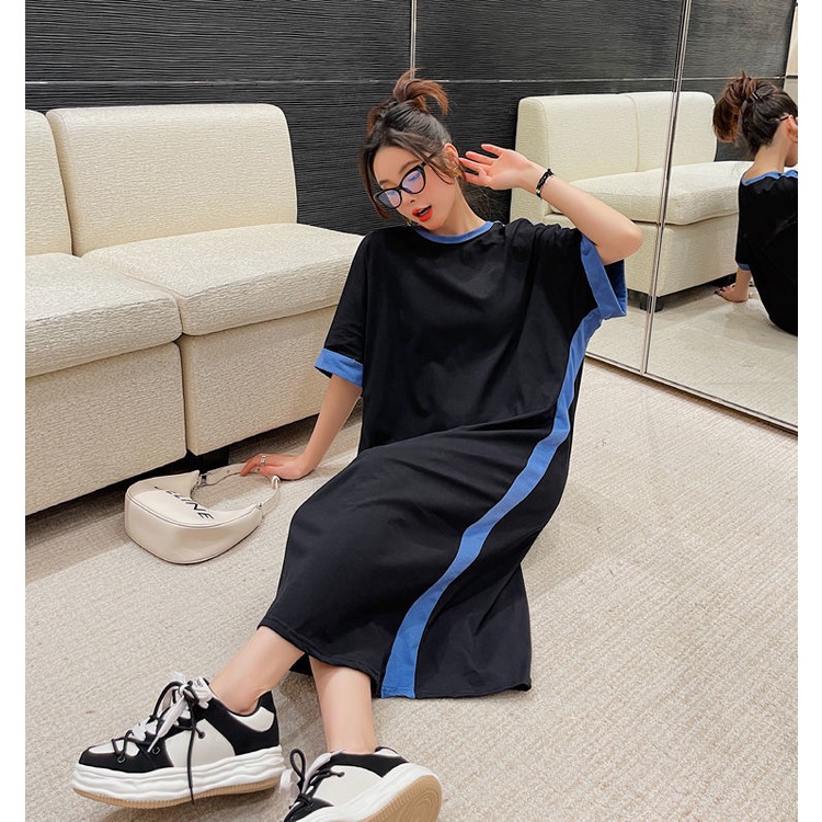 Đầm Tay Ngắn Dáng Rộng Mỏng Màu Sắc Tương Phản Cho Phụ Nữ