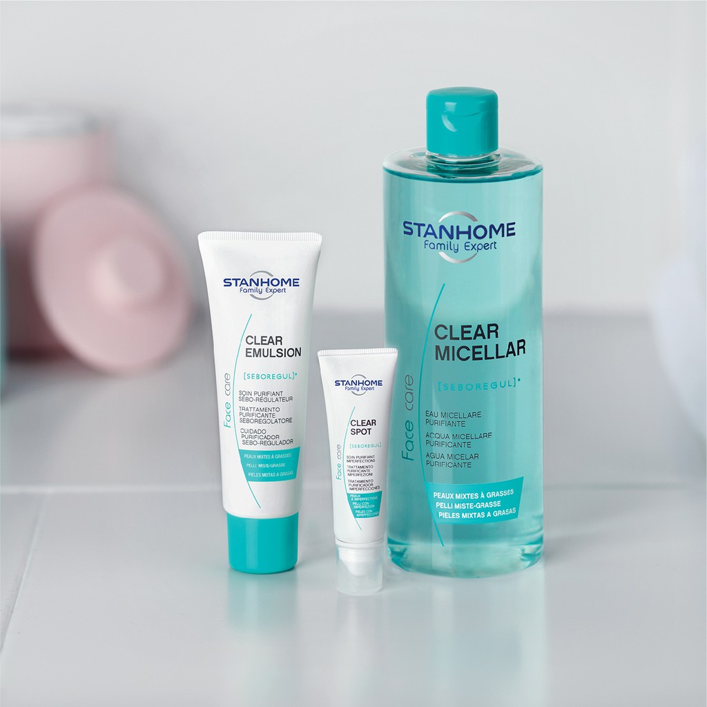 Bộ sản phẩm chăm sóc da dầu mụn toàn diện Stanhome clearmicellar 400ml hạn2/2024 &amp;clear emulsion 40ml &amp; clear spot 10ml