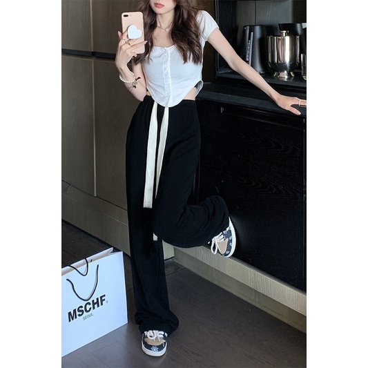 QADCOL Quần Dài Thể Thao Ống Rộng Phối Dây Rút Thời Trang Mùa Hè Năng Động