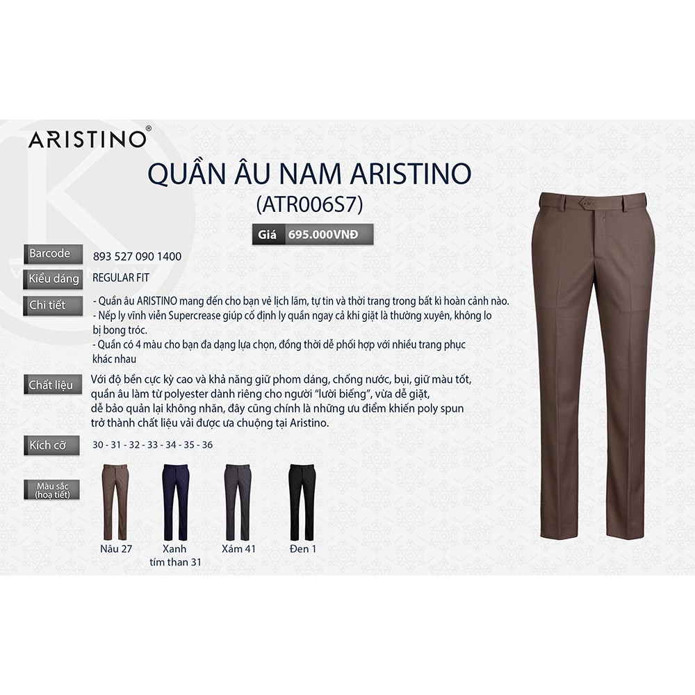 [mã mới 2018] Quần âu Aristino ATR006S7 gốc 695k