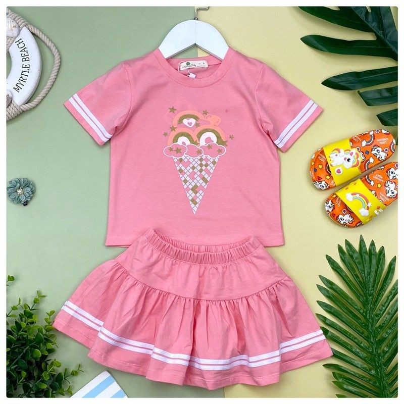 Bộ bé gái kèm chân váy in hình que kem. Chất cotton mát mịn, thấm hút mồ hôi. Size 4-10 từ 13-42kg