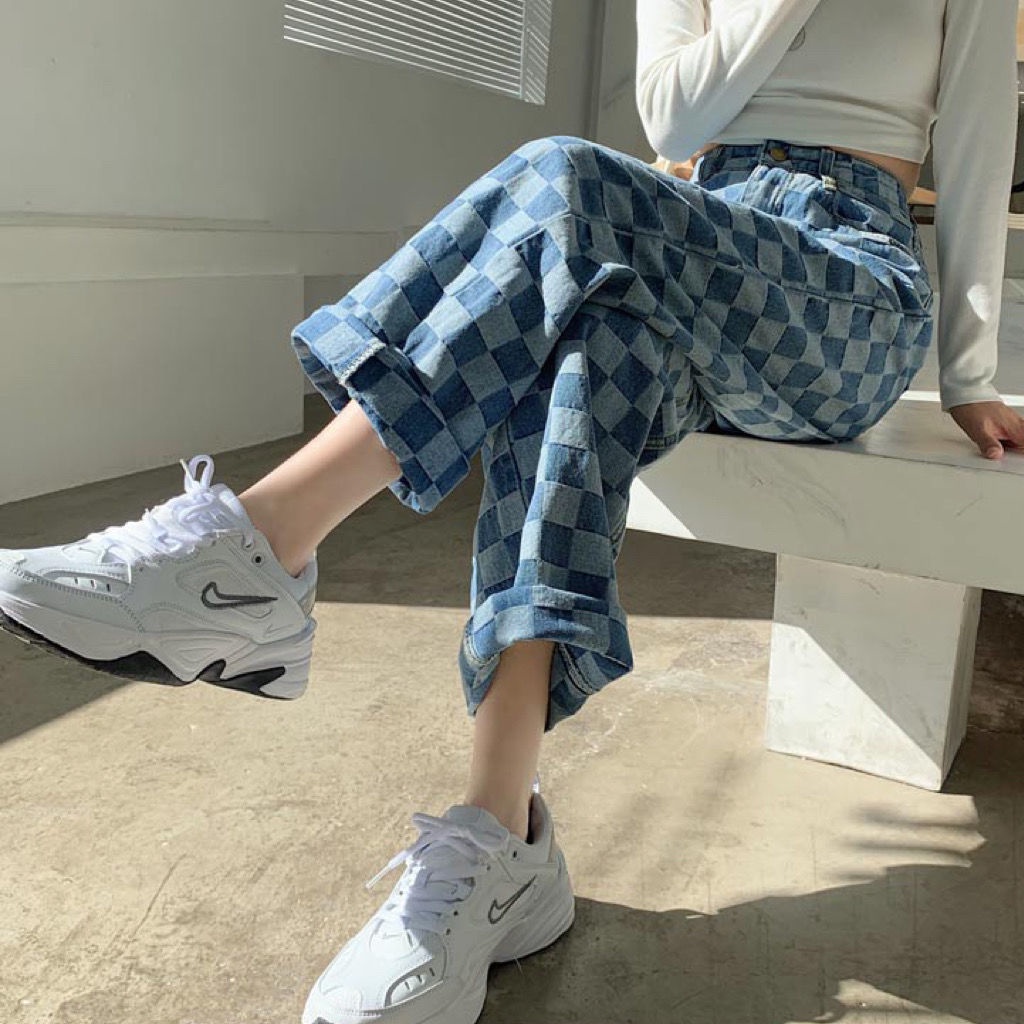 Quần Jean Nữ Lưng Cao Ống Rộng Họa Tiết Sọc Caro Thiết Kế Mới Năng Động Thời Trang Dành Cho Nữ