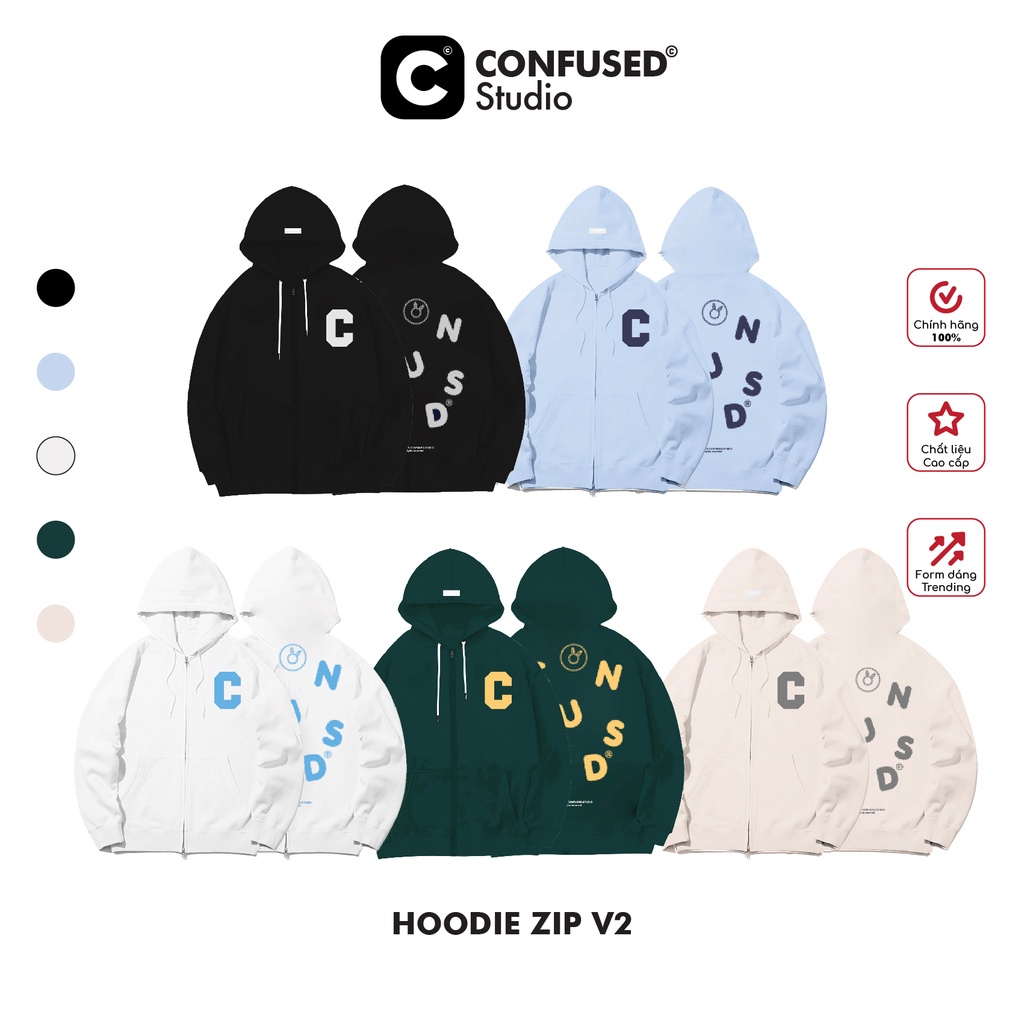 Áo khoác CONFUSED, Áo Hoodie Zip khoá kéo, Form rộng HÀN QUỐC, Unisex 7 Màu, Logo cao su (NEW)