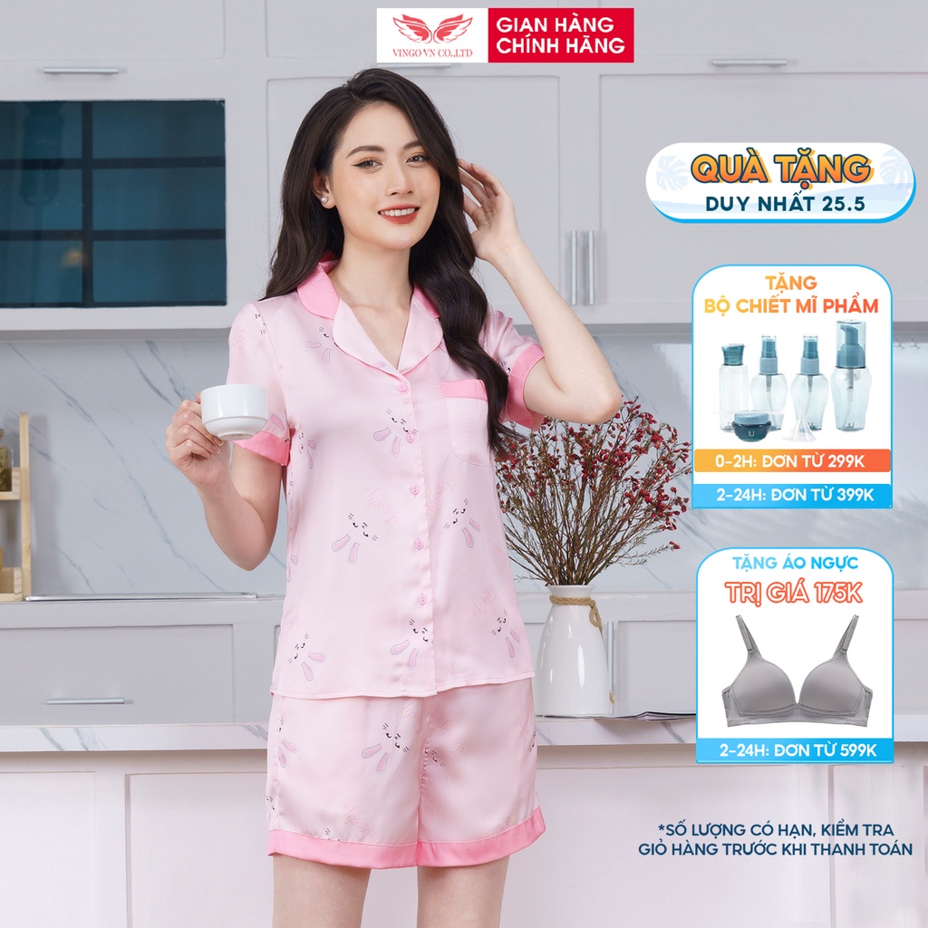 Đồ Bộ Nữ Pijama Mặc Nhà VINGO Chất Liệu Lụa Pháp Cao Cấp Tay Cộc Quần Cộc Thỏ Ngọc Màu Hồng Xuân Hè H470 VNGO