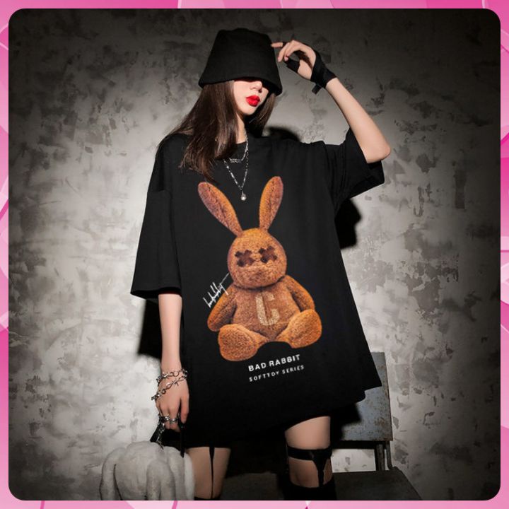 Áo Thun Tay Lỡ Phom Rộng chất cototon loại 1, áo phông Unisex nam nữ 50kg-90kg in hình RABBIT C Nâu XXR