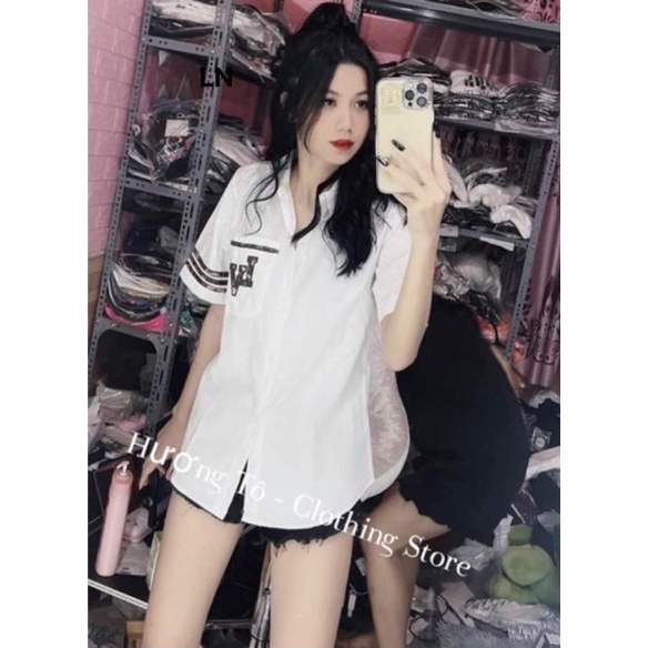 Áo sơ mi cộc tay V L logo túi LN12