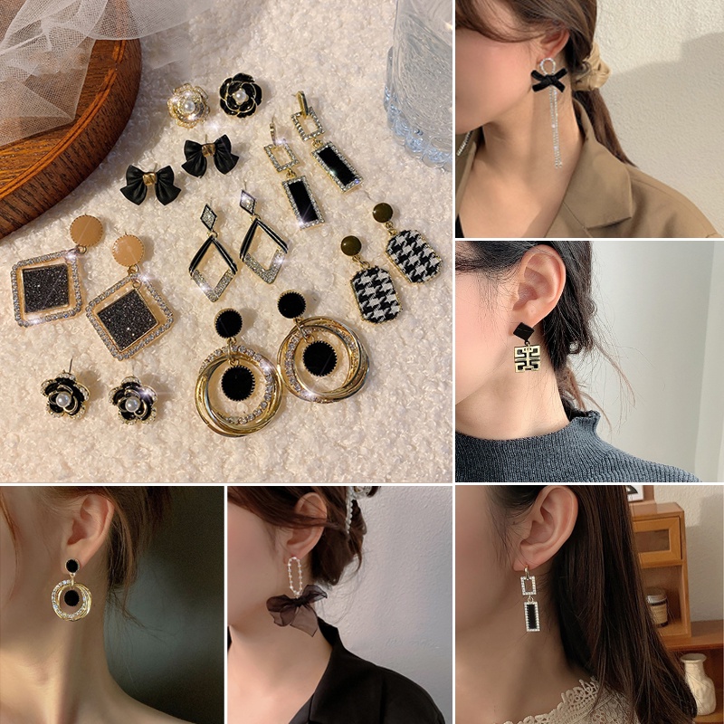 Khuyên tai màu đen nhiều phong cách tùy chọn kiểu Hàn Quốc retro