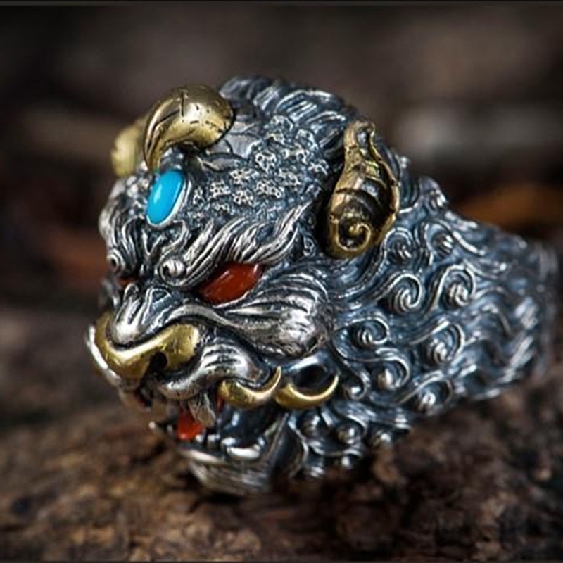 Nhẫn Hở Mạ Bạc Đính Đá Zircon PI Xiu Phong Cách Trung Hoa Thời Trang Cho Nam Nữ