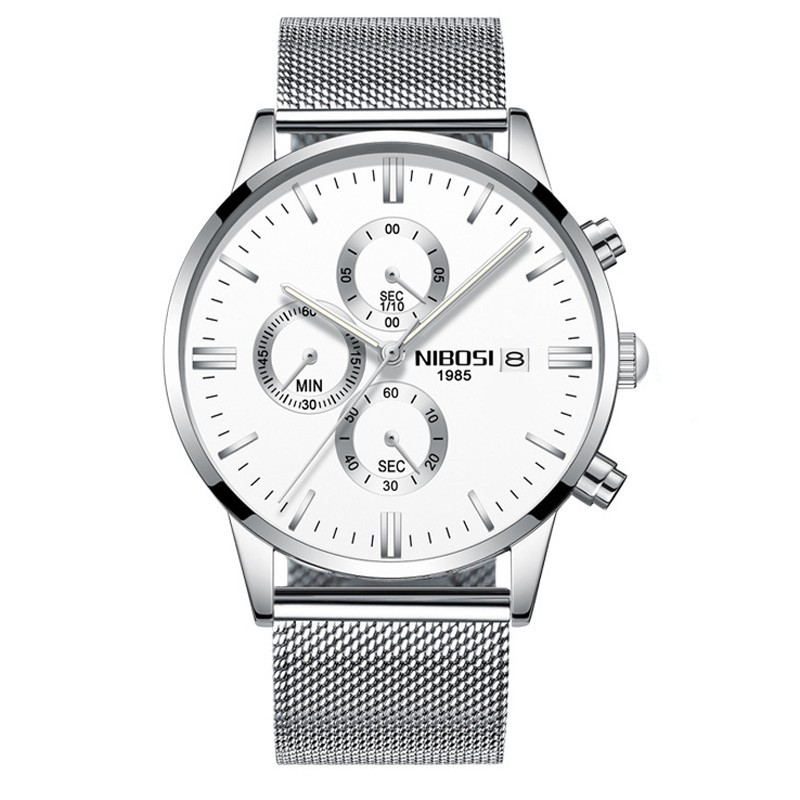 Đồng hồ nam Nibosi dây lưới màu bạc kiểu dáng thể thao