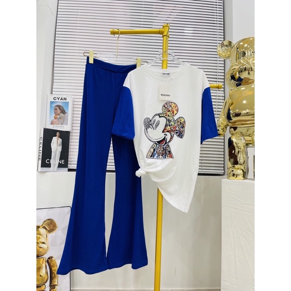 Set bộ áo thun cotton tay phối quần ống loe kèm hình thật