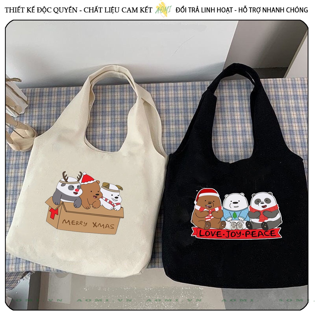 TOTE CANVAS Kawaii 3 chú gấu we are bear FORM TRÒN TÚI VẢI ĐEO VAI BAG NÚT BẤM SIZE LỚN AOMIVN DU LỊCH DẠO PHỐ CÁ TÍNH
