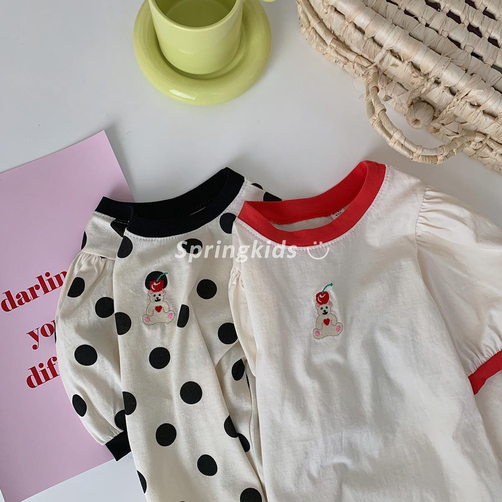 [Babycat] Hàng Có Sẵn Quần Áo Nhỏ Họa Tiết Chấm Bi Thêu Hình Gấu Phong Cách Hàn Nhật Hàn Quốc Tinh Tế Dễ Thương Dành Cho Bé Gái