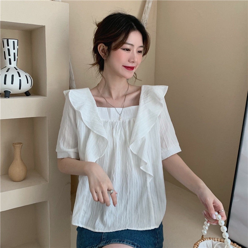 Áo Kiểu Tay Ngắn Cổ Vuông Thời Trang Theo Phong Cách Hàn Quốc Cho Nữ