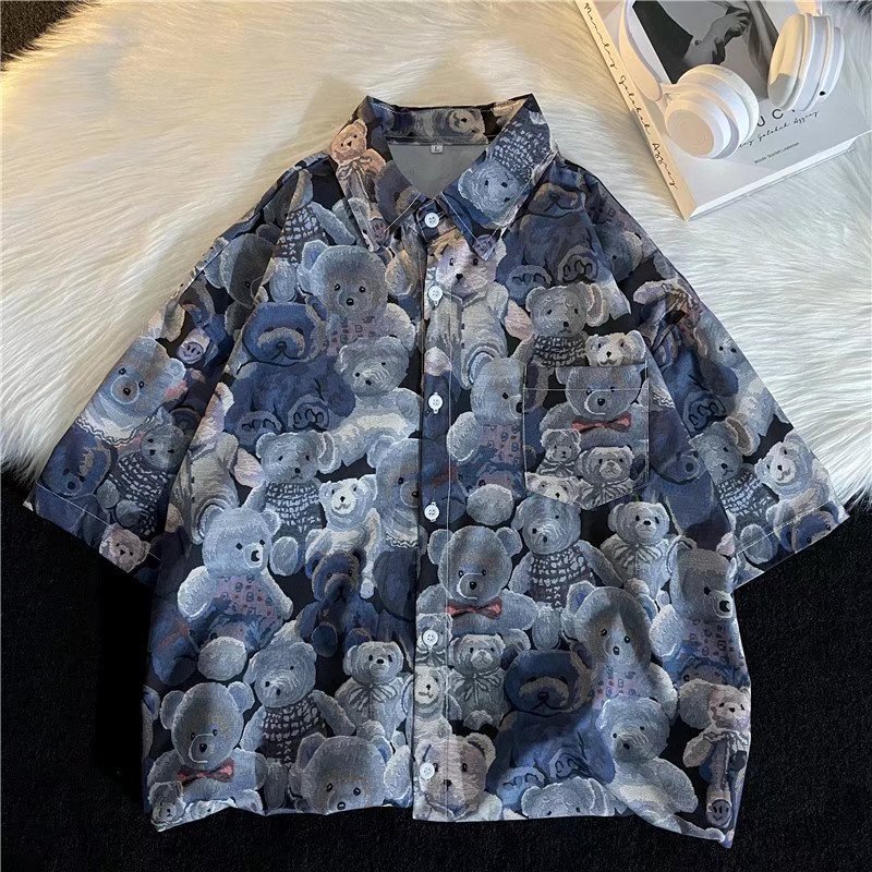 Korean Style Summer Fashion Men's Summer Short Sleeve T-shirt With Cartoon Bear Print