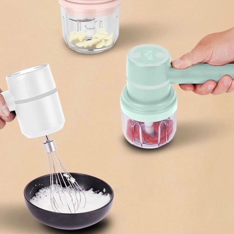 (CAO CẤP) Máy Đánh Trứng Cầm Tay 3 trong 1 đa năng pin sạc - Máy xay thịt tỏi ớt hạt tiêu đánh sữa cafe mini không dây