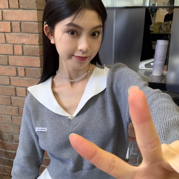 【Hana and Alice】Đầm Dệt Kim Tay Dài Cổ Chữ V Lưng Cao Giả Hai Lớp Thời Trang Trẻ Trung