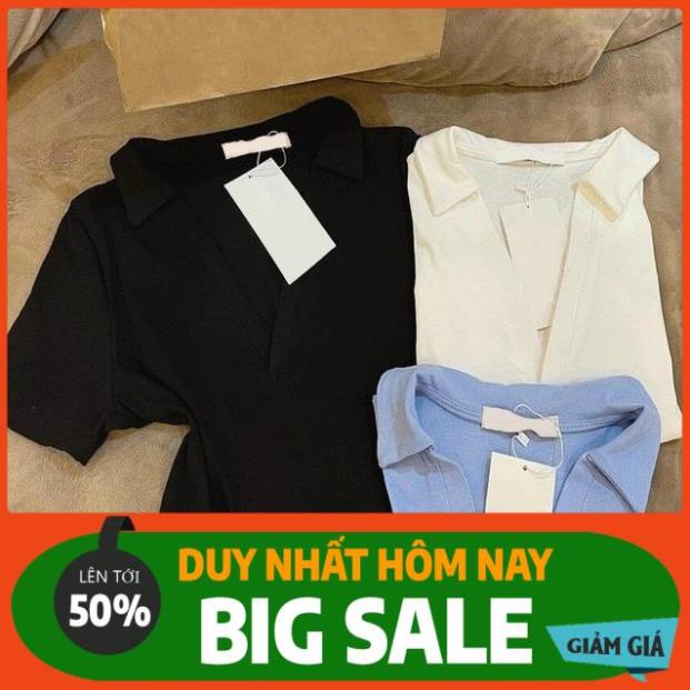 SALE Áo Polo Cổ Tim Cộc Tay Nữ - Phông tay lỡ dáng ôm body, thun trơn cổ chữ V thiết kế basic style Ulzzang