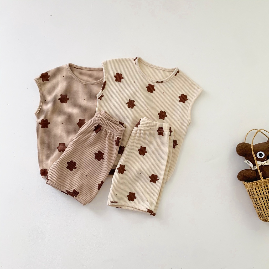 Bộ Áo Sơ Mi Sát Nách + Quần Short Cotton In Hình Gấu Dễ Thương Dành Cho Bé Gái 1-5 Tuổi