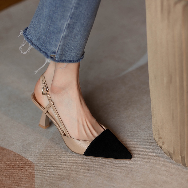 [SẴN HÀNG]Giày cao gót nữ mũi nhọn dáng slingbacks hở gót sau phối màu