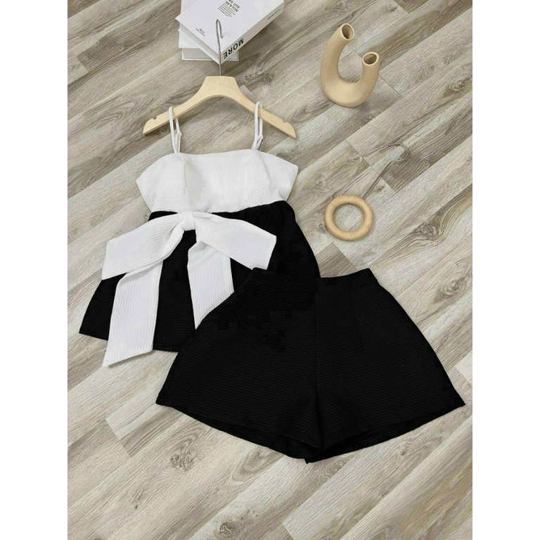 Sét Bộ Áo 2 Dây Cột Nơ Lớn Kết Hợp Quần Đùi Kiểu 2 Màu Chất Umi Mặc Đẹp Dáng Xinh [NEW UNISEX]