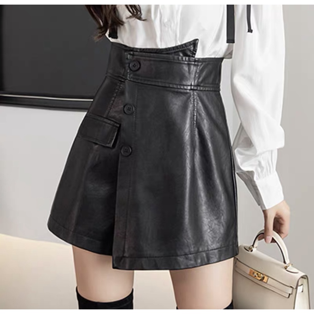 Chấn Váy Da Cao Cấp Chữ A  Vạt Lệch Cúc Chéo Dáng Ngắn Công Sở Ôm Body Hàn Quốc