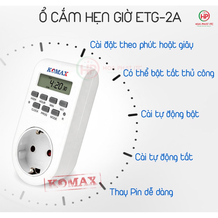 Ổ cắm hẹn giờ bật tắt thông minh Komax ETG-2A hẹn giờ bặt tắt theo chu kỳ 7 ngày