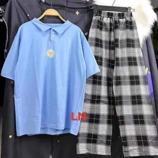 Set bộ Áo thun polo cổ bẻ hoa cúc ngực + quần ống xuông rộng kẻ ô caro