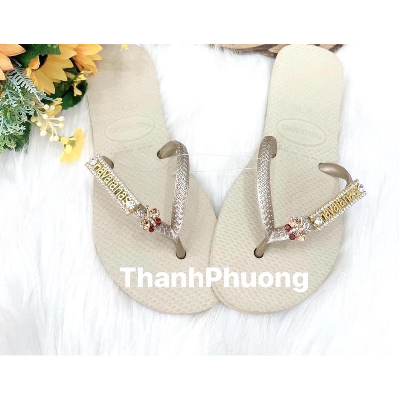 Dép havaianas chính hãng slim quai ngắn kem phối chảm và tag