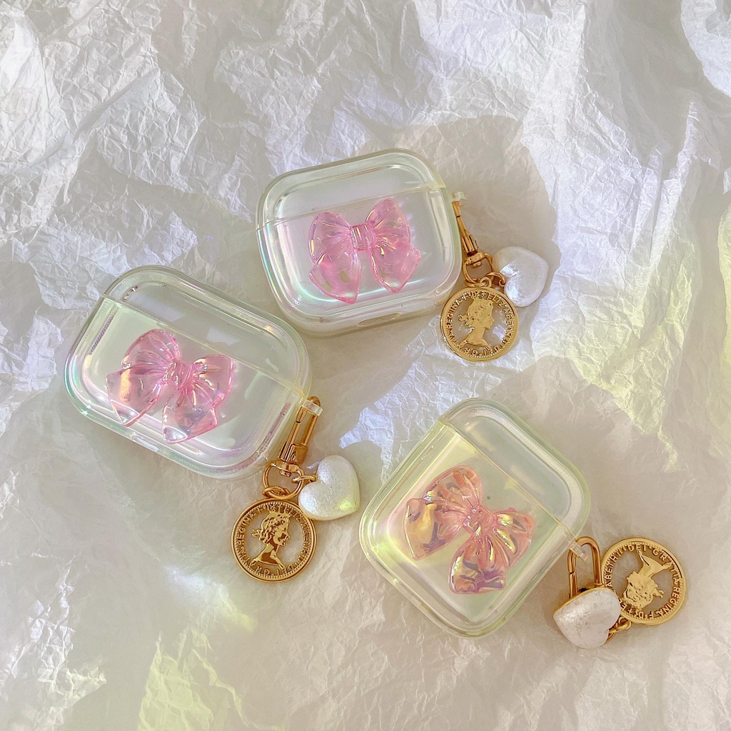 Vỏ Bảo Vệ Hộp Sạc Tai Nghe Bluetooth AirPods 1 2 pro 3 2021 gen3 Bằng Silicon Tpu Mềm Trong Suốt Đính Nơ Nhiều Màu Dễ Thương