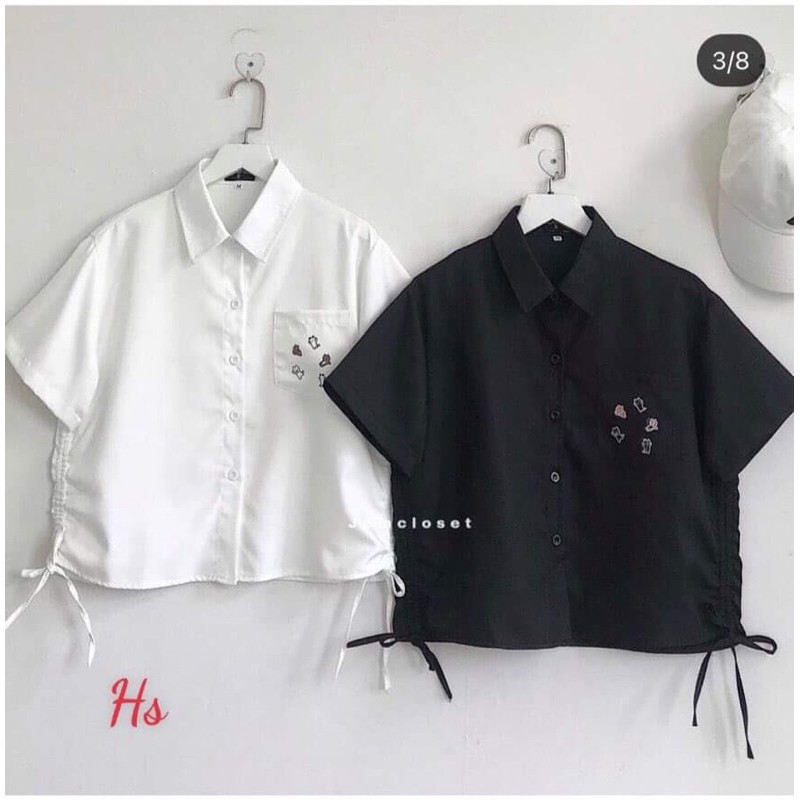 Áo sơ mi đen trắng rút 2 bên sườn cực xinh ạ có từ size s-XL luôn ạ