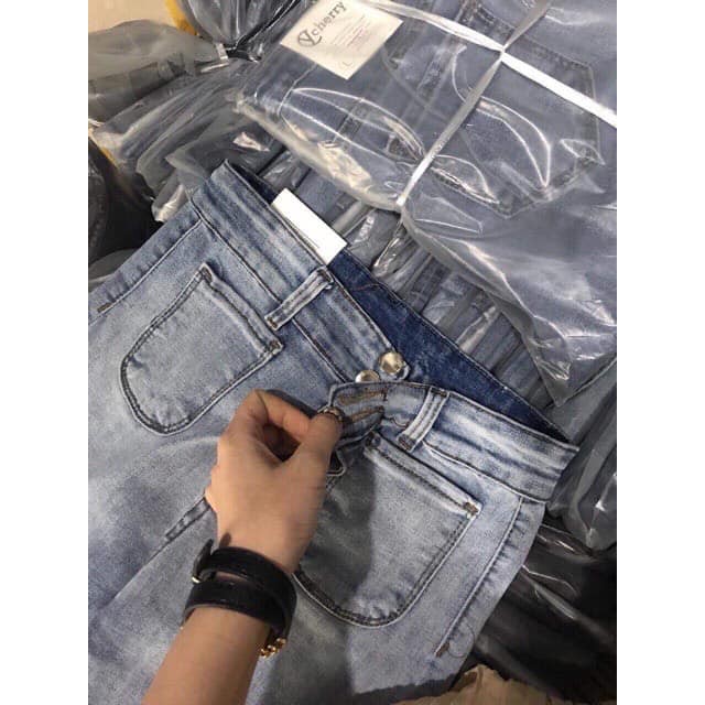 Quần jeans nữ túi bầu trước 💖FREESHIP💖 Quần bò ôm giãn hai khuy cạp cao túi bầu trước AD27