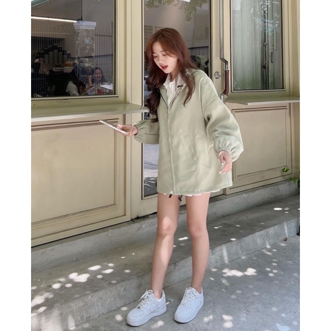 Áo khoác nữ có mũ tay bồng Chất nhung tăm lì ẢNH THẬT