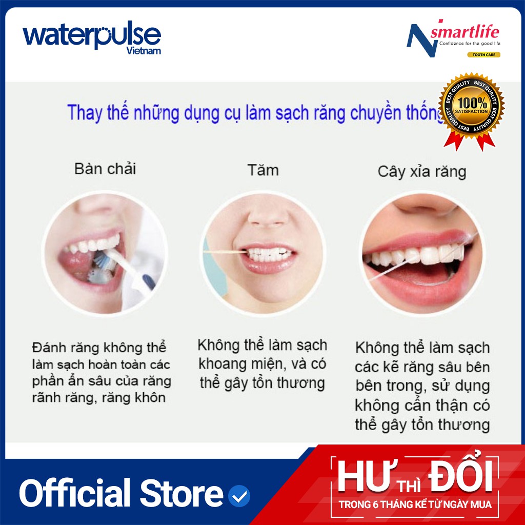 Máy tăm nước Waterpulse V600/V600G cho người răng niềng, răng sứ, Implant răng giúp hạn chế mảng bám, viêm nướu