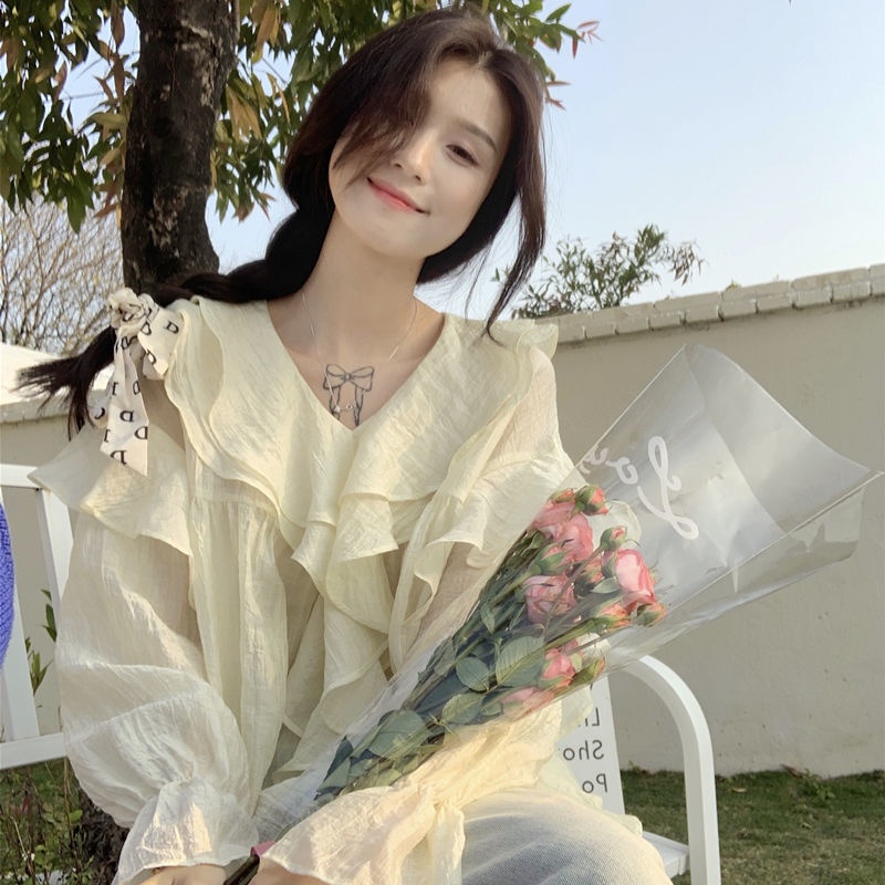 Gentle style v-neck ruffled shirt women's spring  new Korean style loose slimming long-sleeved shirt top Japanese style top 3tye