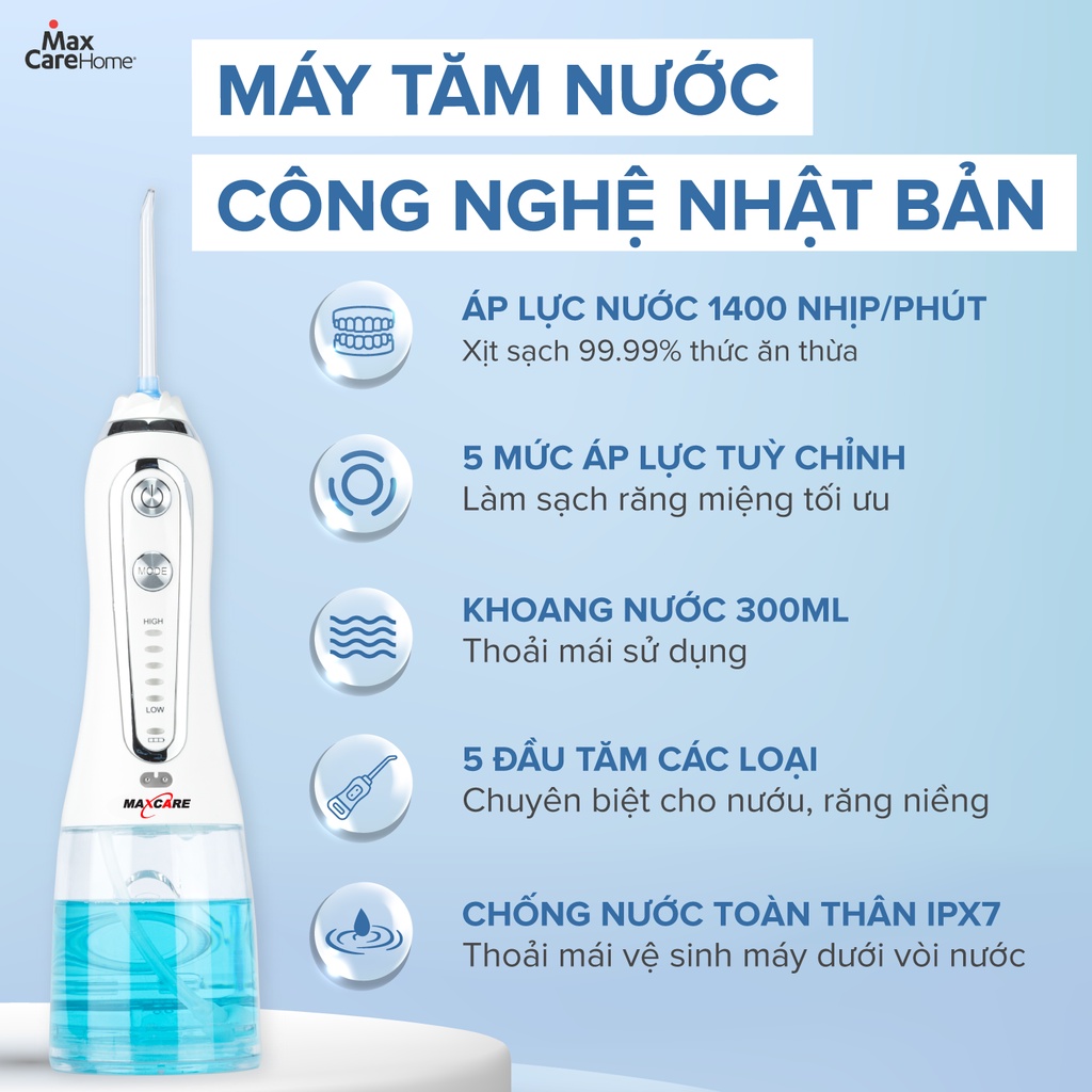 Máy tăm nước cầm tay Maxcare UltraClean/Max456S/456SE 300ml Nhật Bản - Tặng túi đựng & 5 đầu tăm - BH 12 tháng