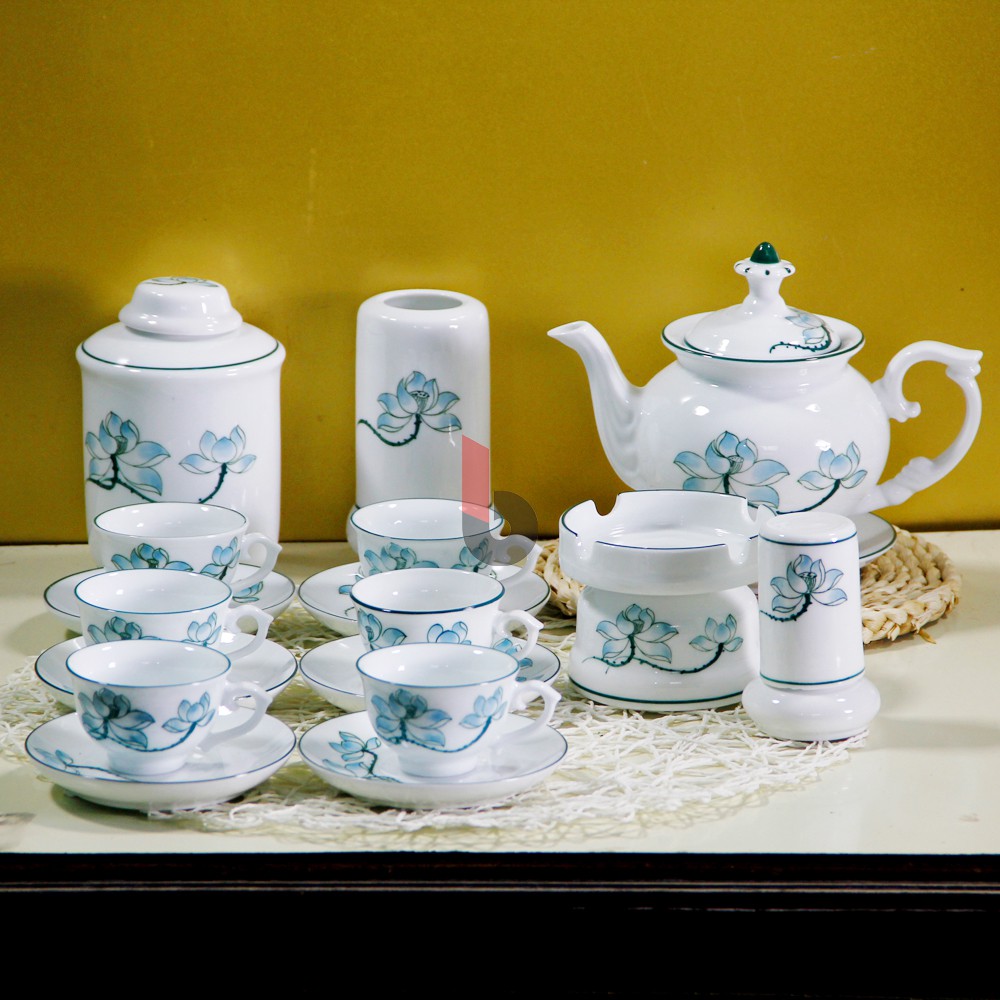 THƯỞNG TRÀ SANG TRONG VỚI bộ ấm trà đài các đẹp men trắng vẽ sen xanh, bộ ấm chén trà, bộ ấm chén trà đạo, bộ ấm chén ca