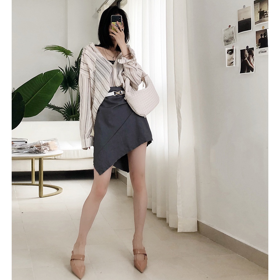 Chân Váy Vạt Chéo Nhún Cạp Cao Cấp Trơn Màu Vạt Tua Rua Trẻ Trung Phong Cách Thời Trang Sugal CV NU 010