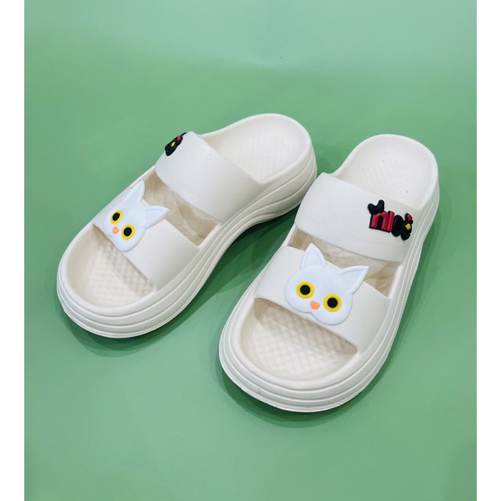 Dép Bánh Mì Nữ, Dép 2 Quai Ngang Đính Mèo Đế Độn 7cm Hack chiều cao siêu đẹp