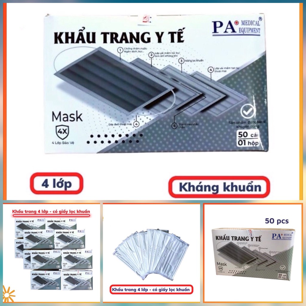 khẩu trang y tế,khẩu trang kháng khuẩn,4 lớp dày,không kích ứng da mặt,không bị đau tai khi dùng lâu,PA medical.