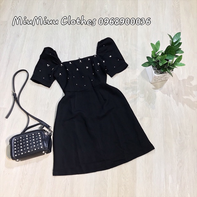 (Ảnh thật shop chụp) ĐẦM CỔ VUÔNG ĐÍNH ĐÁ