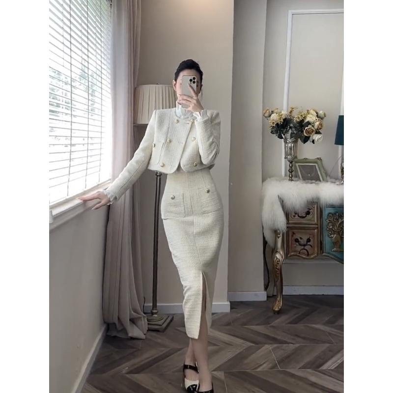 Set Dạ Tweed Nữ Sang Chảnh Áo Croptop Dạ Tweed Chân Váy Dạ Bút Chì Nữ Dáng Dài Xẻ Tà Thu Đông Kiểu Công Sở Chali SD053