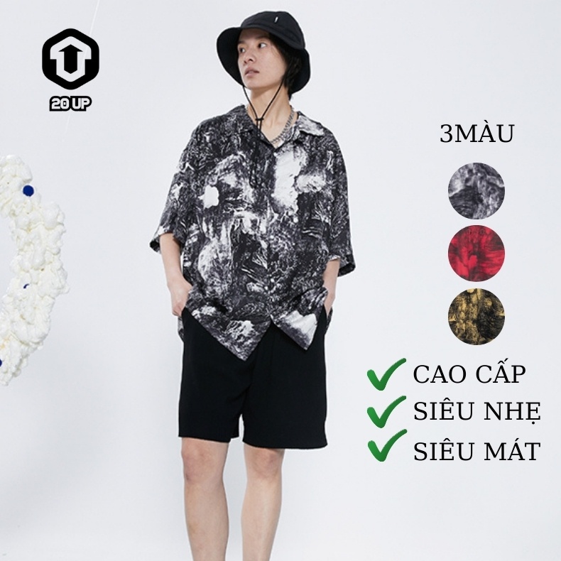 Áo sơ mi nam nữ họa tiết loang màu cộc tay cổ bẻ form rộng unisex 20UP 50-85kg 100% lụa cao cấp nhẹ thoáng mát