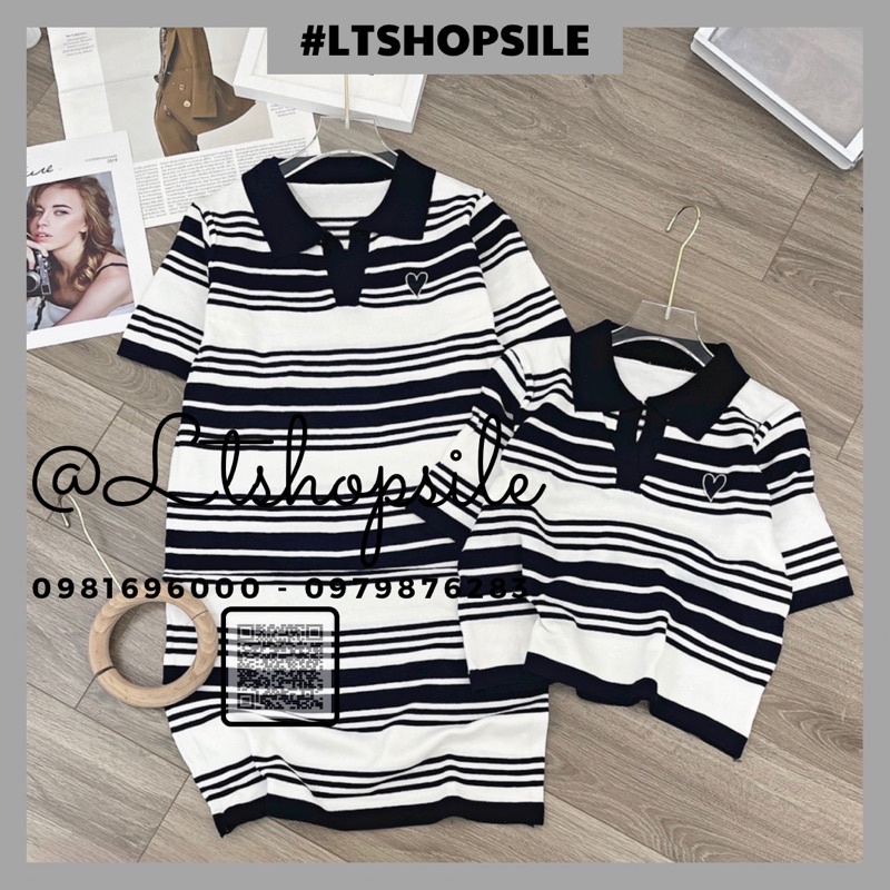 Váy, áo len mongtoghi polo tim thêu kẻ ngang dáng suông V052