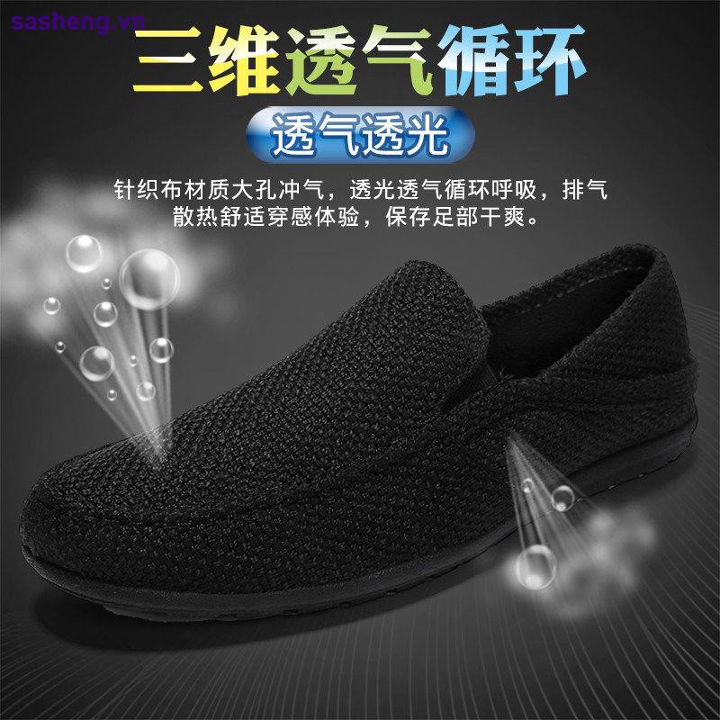 Giày lười vải lanh thoáng khí màu đen thời trang mùa hè cho nam trung niên