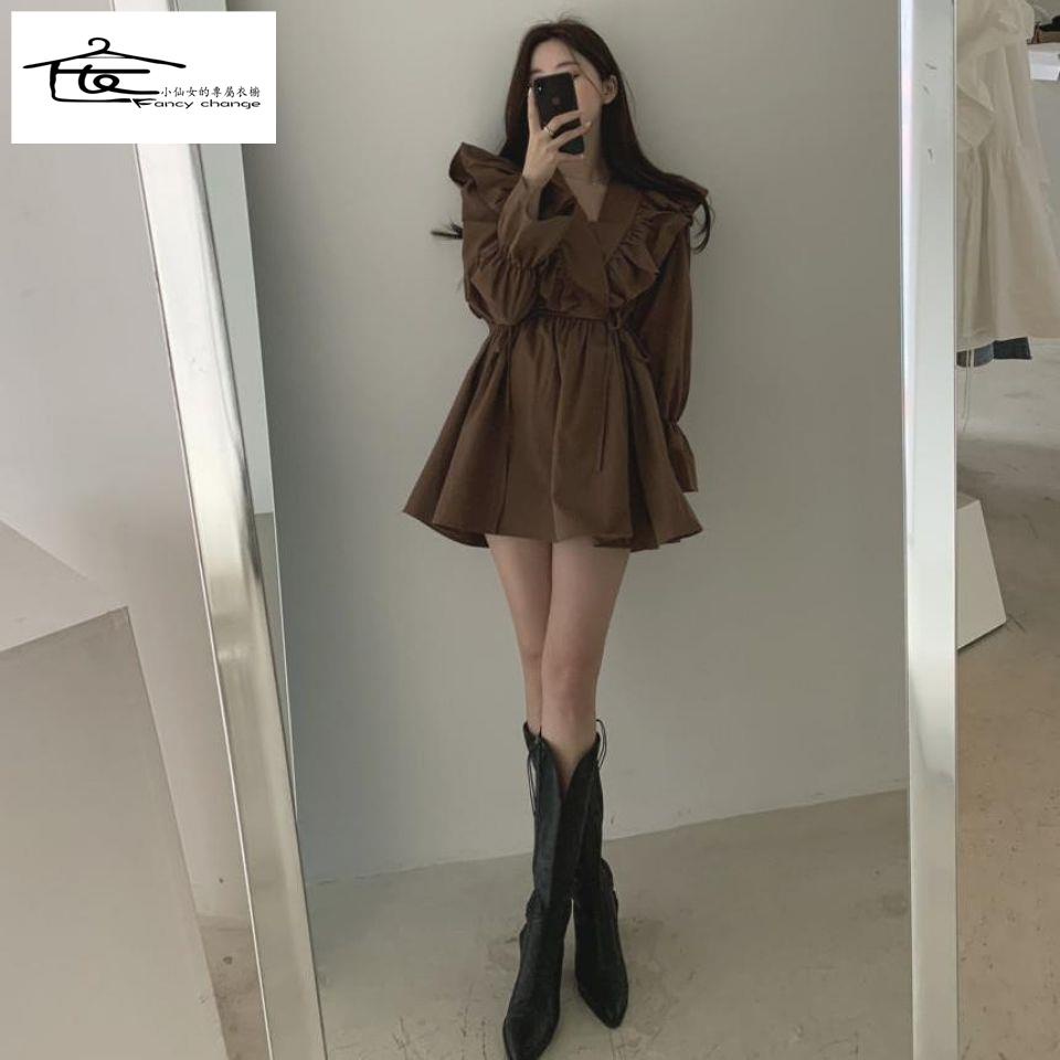 Đầm Ngắn Tay Loe Cổ Chữ V Thắt Eo Thời Trang Xuân Thu Phong Cách Mới