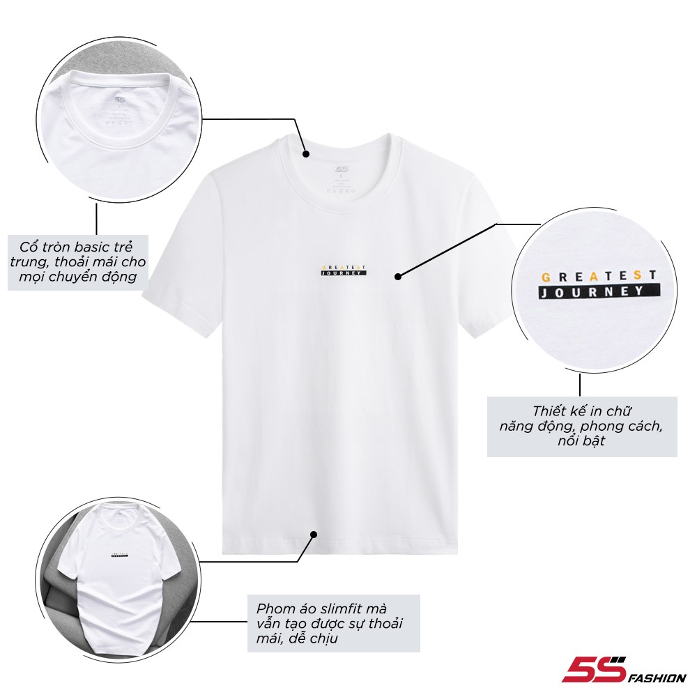 Áo Thun Nam 5S Cổ Tròn Màu Trắng, Chất Liệu Cao Cấp Thoáng Mát, Nhẹ Nhàng, Thiết Kế In Chữ Phong Cách