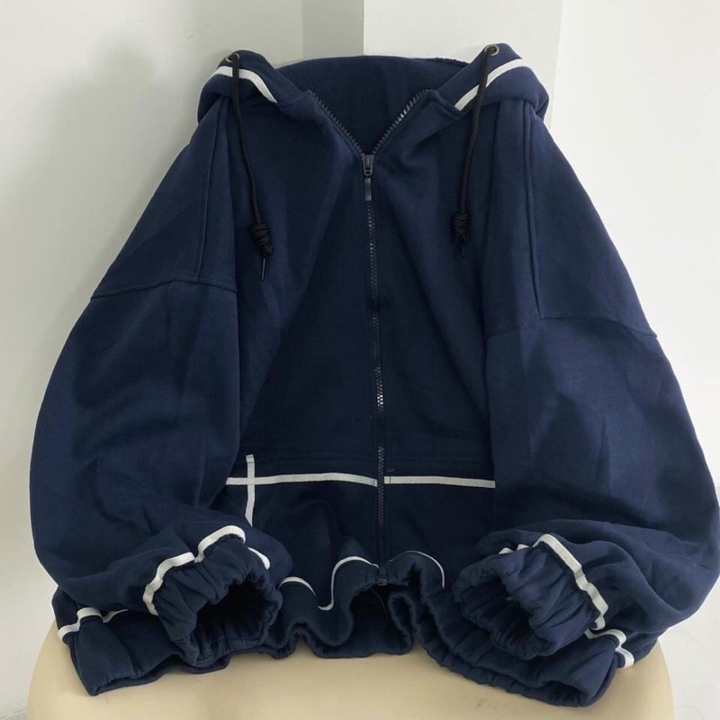 Áo Khoác Hoodie Nỉ Viền Trắng Form Rộng Tay Bồng Khóa Kéo Có Mũ Màu Đen | Xanh | Hồng Ulzzang Nam Nữ HOT | BigBuy360 - bigbuy360.vn
